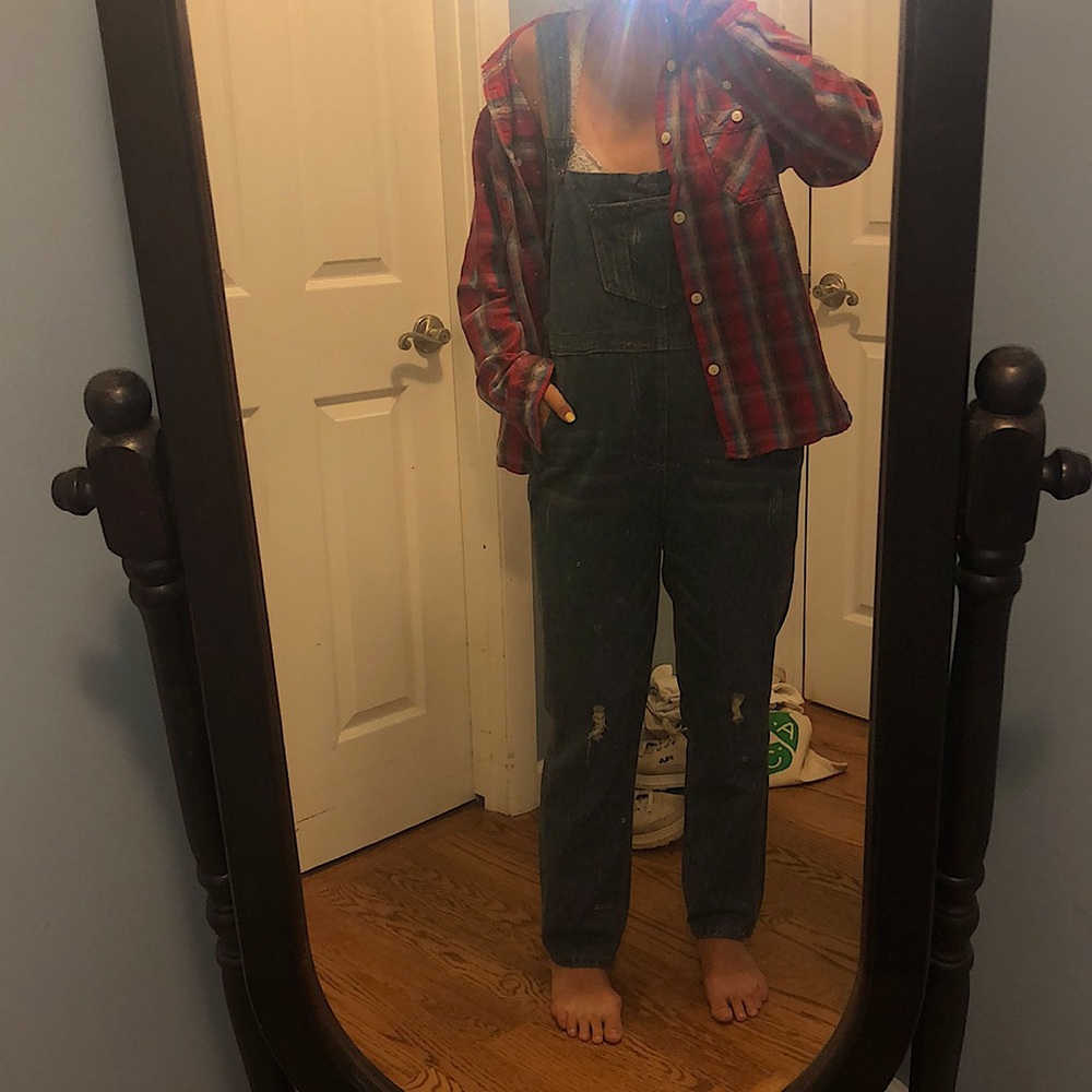 Denim distressed oversized overalls